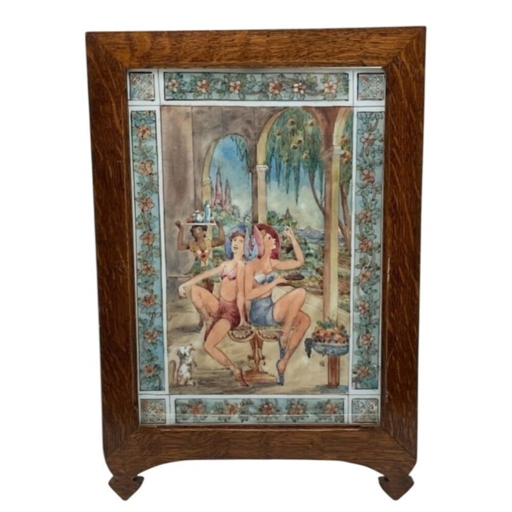 Vintage Porcelain Panel‎ Italian Hand-Painted Framed 17” x 12” Ladies in Garden